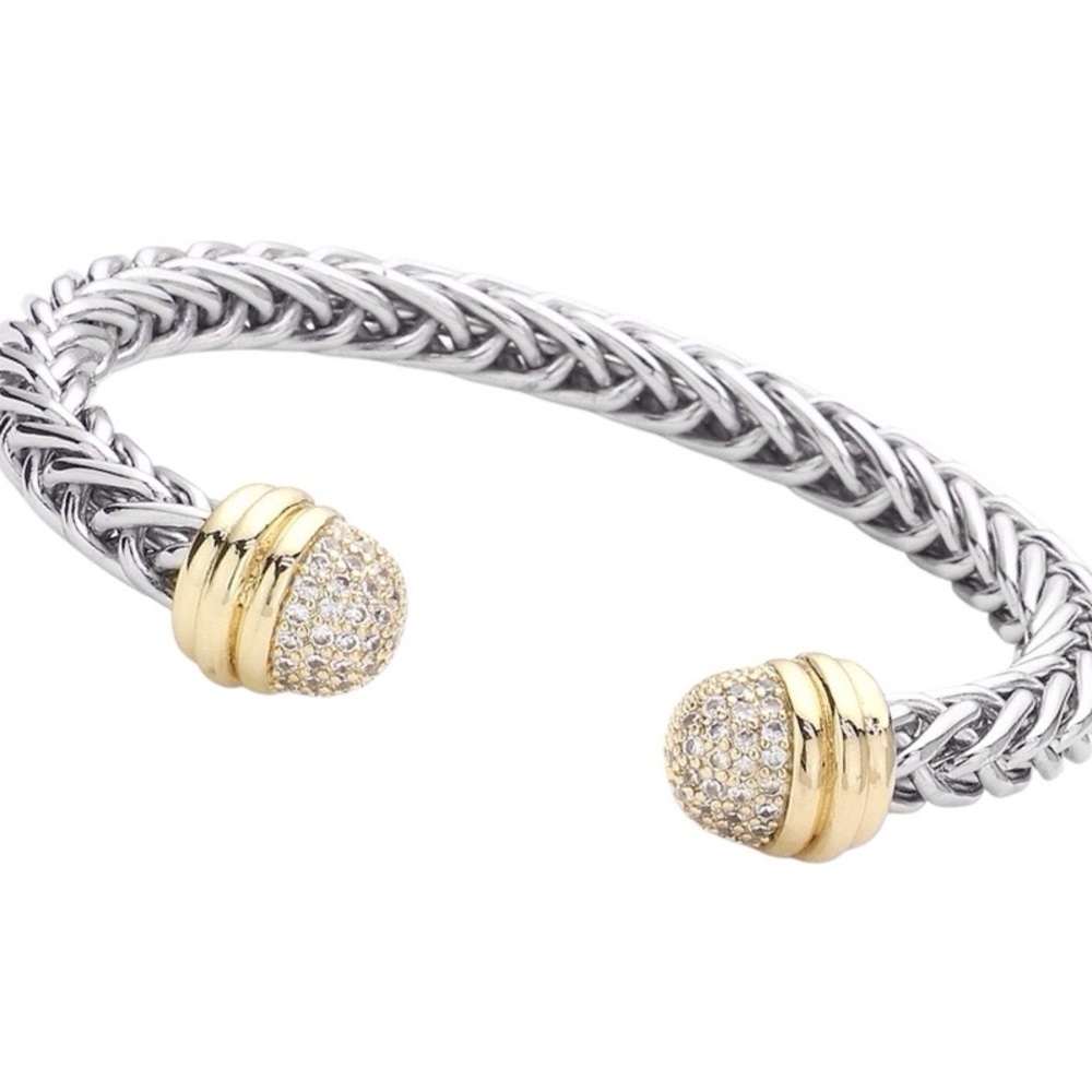 Silver and Gold Braided Bracelet With Pave Crystals - Picture 2 of 2